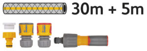 Image showing the fittings that come with the Auto Reel Mobile (30m hose + 5m feeder hose, tap connector, hose end connector, Aquastop connector and a 3in1Nozzle.